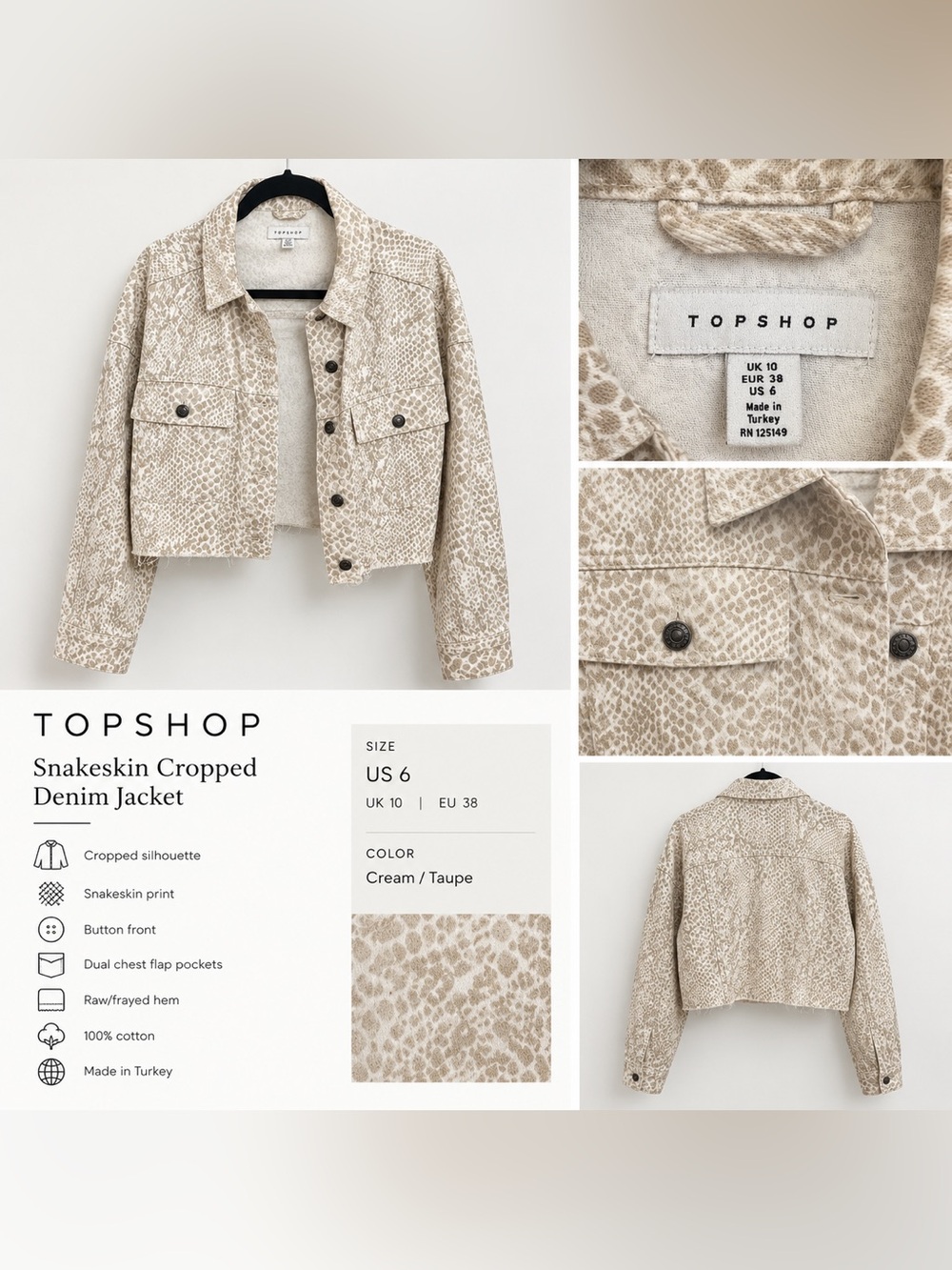 Topshop Snakeskin Print Cropped Denim Jacket Cream Taupe US 6